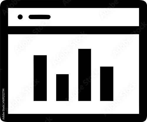A simple black and white icon of a browser window displaying a bar chart for data analytics.