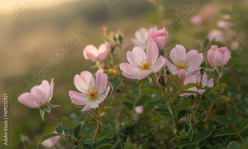 Delicate, pale pink wildflowers in soft morning light