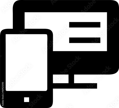 Black and white icon depicting a smartphone in front of a desktop computer monitor, symbolizing multi-device compatibility and digital technology.