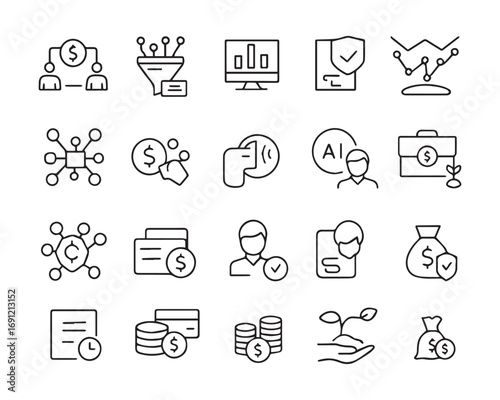 Set of outline icons related to fintech. Linear icon collection