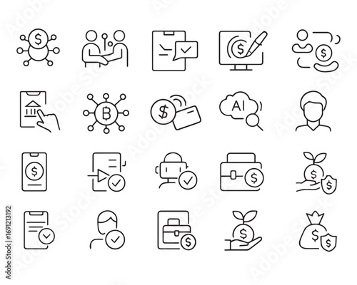 Set of outline icons related to fintech. Linear icon collection