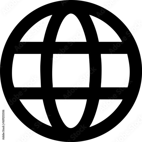 Black and white graphic of a world wide web icon, showing a globe with intersecting lines.