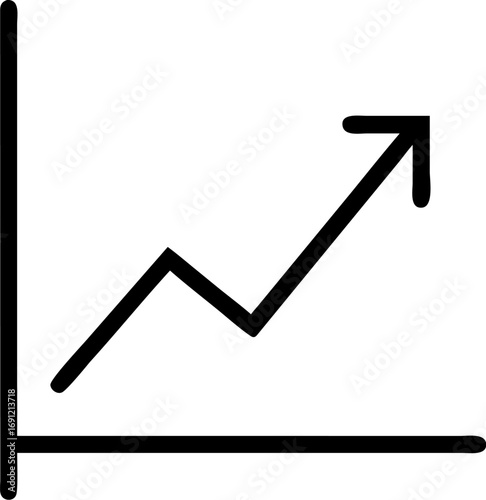 A simple black and white line graph showing an upward trend with an arrow indicating growth.