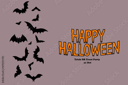 A minimalist Halloween vector design featuring a flock of black bats flying against a light purple background. Bold, orange "Happy Halloween" text stands out, with "Trick OR Treat Party 31 Oct".