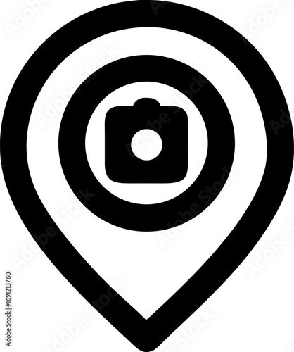A black and white icon of a camera inside a location marker, indicating a photography spot.
