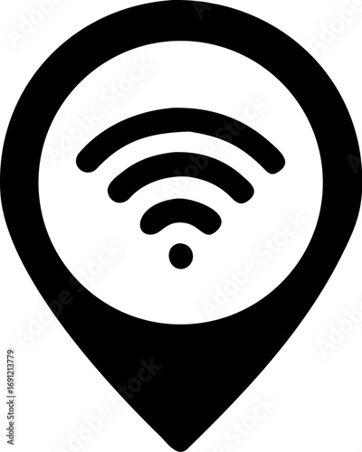 Black and white graphic of a map pin with a wifi symbol, indicating a wireless location.