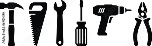 Black silhouette hand tools set, hammer, saw, wrench, screwdriver, drill, pliers, vector icons, construction equipment, repair, maintenance, DIY