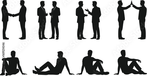 Business people silhouette, handshake teamwork vector, sitting man posture, communication discussion icon, casual character design, meeting concept, vector illustration