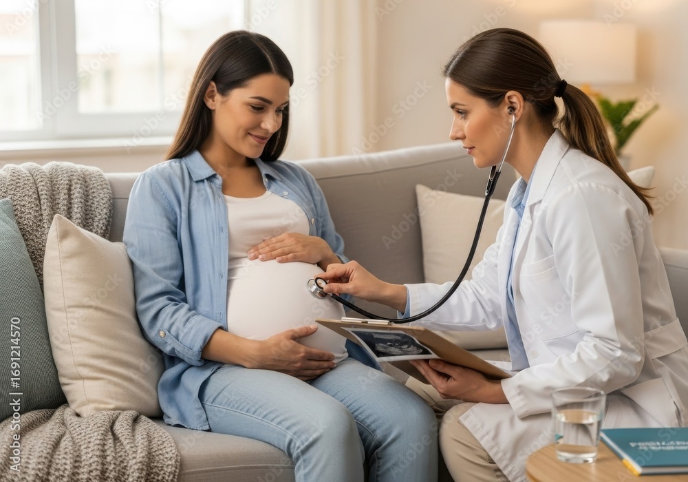 Obraz premium Doctor checks pregnant woman s belly with stethoscope during home visit
