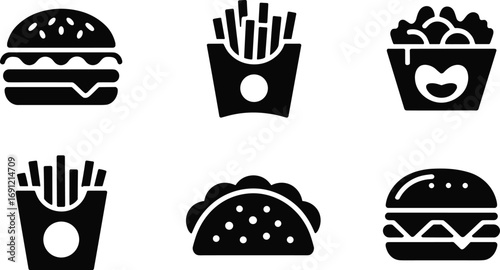 Fast food silhouette vector, burger, fries, taco, salad bowl illustration, junk food design, restaurant meal icon, snack concept