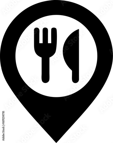 A black map pin icon with a fork and knife symbol inside, indicating a restaurant or food location on a map.