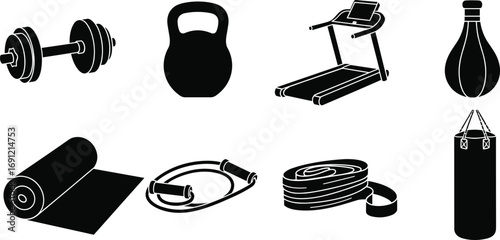 Fitness equipment silhouette icons, dumbbell, kettlebell, treadmill, punching bag, yoga mat, jump rope, resistance band, boxing, workout, training, gym