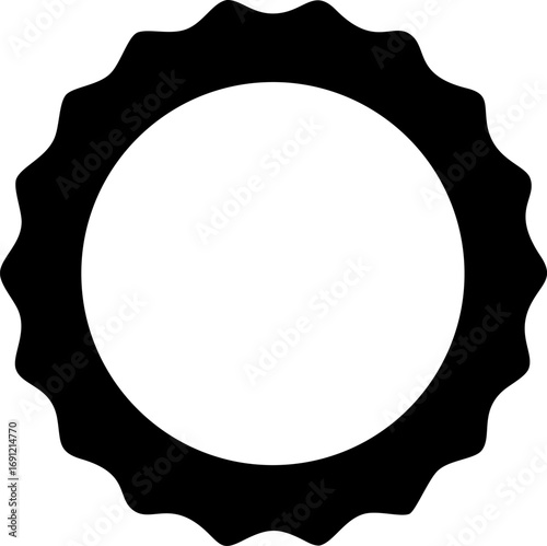 Black silhouette of a bottle cap or cogwheel shape with a clear circular center, a simple graphic element or icon.