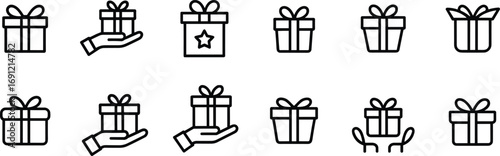 Gift box icon collection with outline style, present symbol, celebration package, holiday surprise, birthday gift illustration, simple line design