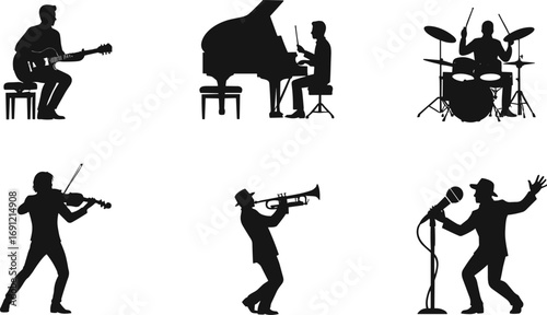 Musician silhouette collection, jazz band performance, guitarist, pianist, drummer, violinist, trumpet player, singer silhouette, music concert illustration, black vector art