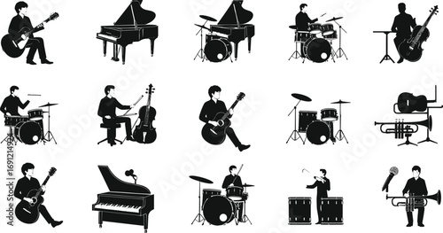 Musician silhouette vector, guitar, piano, drums, cello, trumpet, microphone illustration, music band instrument design, orchestra performance art concept