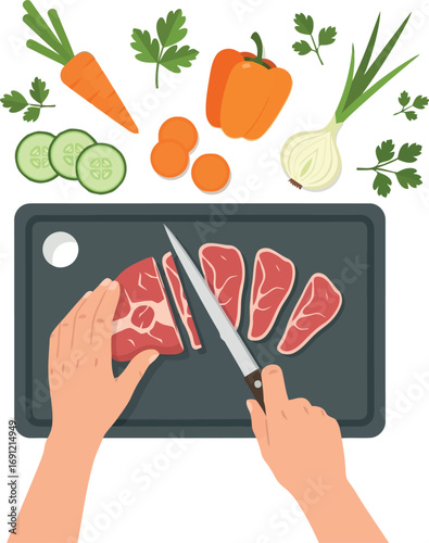 Fresh ingredients preparation chef hands slicing raw meat culinary scene vector