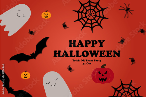 This vibrant Halloween invitation showcases playful ghosts, bats, pumpkins, spiders, and spider webs, creating a festive atmosphere ideal for a trick or treat party on October 31st.