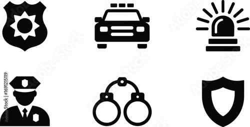 Police silhouette vector illustration, badge, patrol car, siren, officer, handcuffs, shield, law enforcement icon, security symbol, crime control design