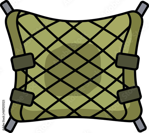 Olive green cargo net storage system with straps for outdoor gear and vehicle tie-downs vector