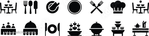 Restaurant food icons, dining table symbols, chef hat illustration, cutlery silhouette, catering service design, buffet setup, meal preparation graphics, kitchen art