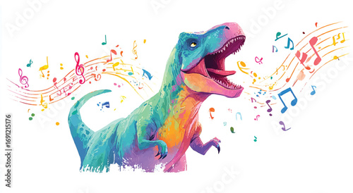 Vibrant Watercolor Dinosaur Singing Colorful Musical Notes Tyrannosaurus Rex with Open Mouth and Sharp Teeth