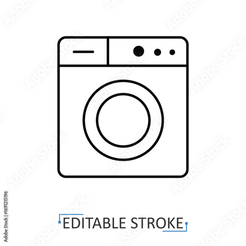 A washing machine icon in minimalist style with editable stroke. Laundry appliance, cleaning equipment, household device, domestic utility, modern technology, electric machine, interior element