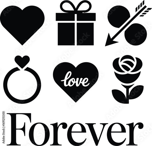 Valentine love icons, heart silhouette, rose, gift, engagement ring, romantic symbols, forever text, wedding, marriage, proposal, romance design