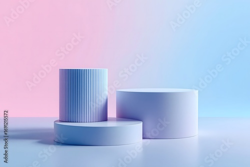 Three cylindrical podiums in varying sizes, arranged on a reflective surface with a gradient pink and blue background