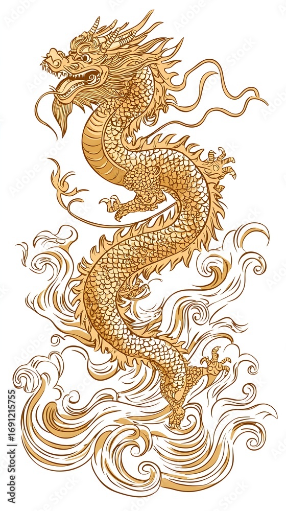 Fototapeta premium Majestic Golden Dragon Design on Waves with Detailed Features