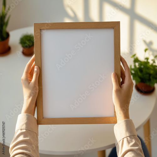 Empty picture frame in hands. Stylish wooden photoframe