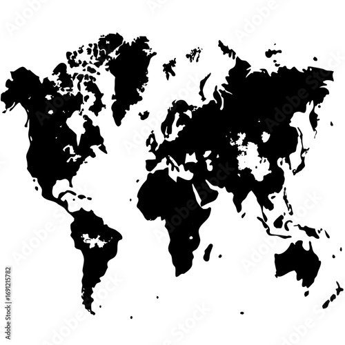 Black and white world map silhouette showing continents and oceans, a geographical representation.