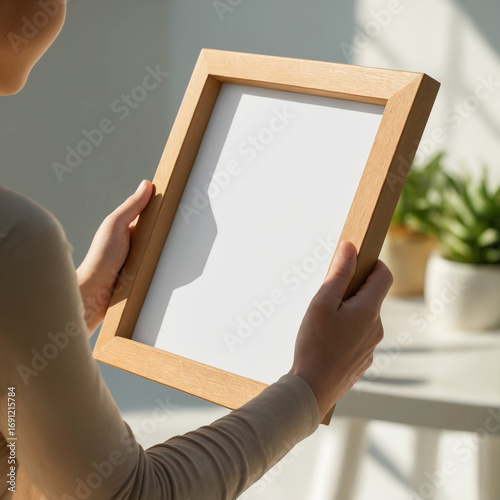 Empty picture frame in hands. Stylish wooden photoframe