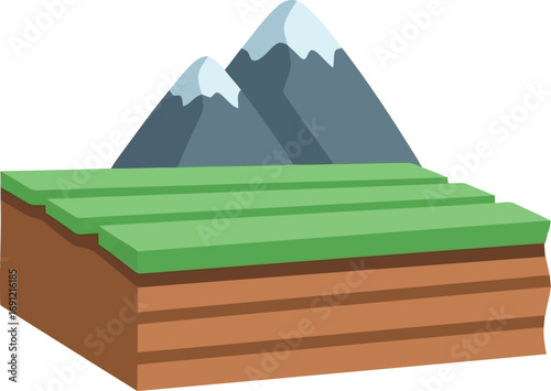 Stylized isometric mountain landscape with green grass and earth layers vector