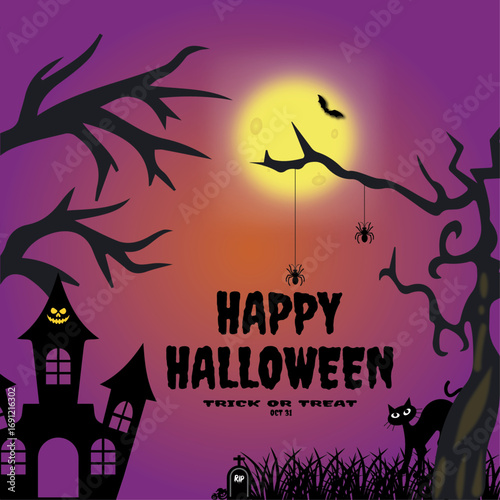 A colorful Halloween scene features a haunted house with a grinning face, bats flying in the moonlight, and playful spiders hanging. The vibrant colors enhance the festive spirit of Halloween.