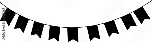 Black and white illustration of a string of pennant flags hanging in a curved line.