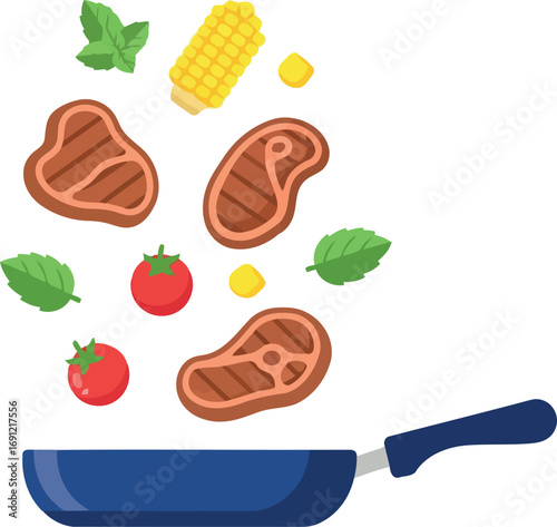 Gourmet steak dinner preparation cooking fresh ingredients frying pan culinary delight vector