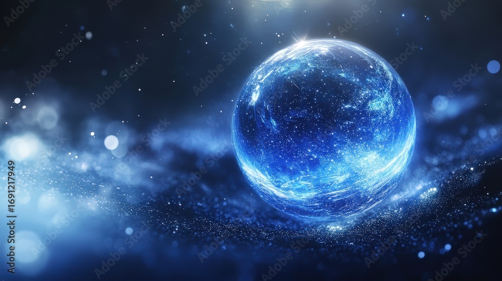 Obraz premium A Glowing Blue Sphere in a Starry Universe Scene with Vibrant Cosmic Colors