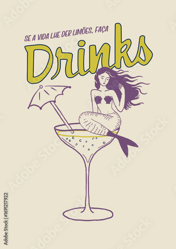 VINTAGE MERMAID ON A GLASS WITH SLOGAN