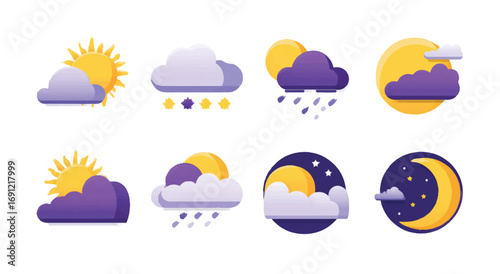 Weather Icon Set Featuring Sunny Cloudy Rainy Snowy and Night Sky Illustrations Collection