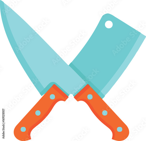 Crossed chef knife and cleaver kitchen tools for food preparation and culinary arts vector