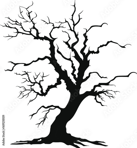 Spooky Bare Tree with Broken Branches Halloween Silhouette under Empty Night Sky,generative ai	