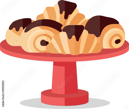 Delicious chocolate drizzled pastries assortment on red cake stand vector vector