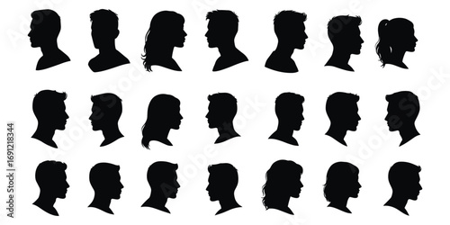 Assortment of male and female head profile silhouettes in a grid layout Keywords: silhouette, head