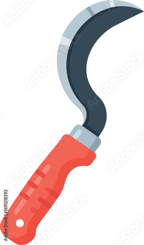 Garden sickle tool for harvesting and pruning with red handle on white vector