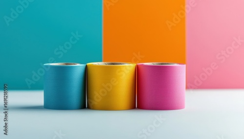 Three colorful rolls of tape (blue, yellow, pink) are aligned in front of a vibrant, multicolored background with blocks of blue, orange, and pink.