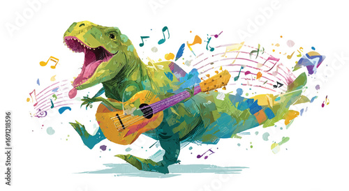 Whimsical Dinosaur Plays Guitar Surrounded by Musical Notes in Colorful Illustration Style for Creative Projects