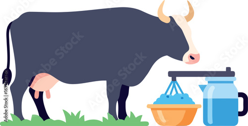 Dairy farming cow milking process rustic farm fresh milk production agriculture vector