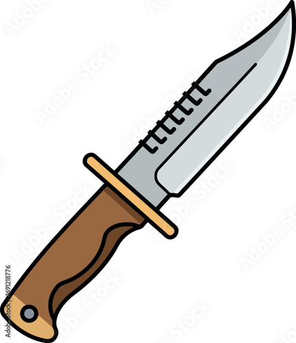 Durable survival knife with serrated edge and wooden handle outdoor adventure tool vector