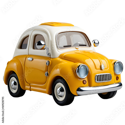 Yellow and white toy car displays a cartoonish style on a clean surface for children's illustrations, or toy product photography.